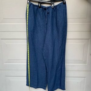Josephine Chaus Wide Leg 100% Linen Drawstring Blue Denim like Pants.